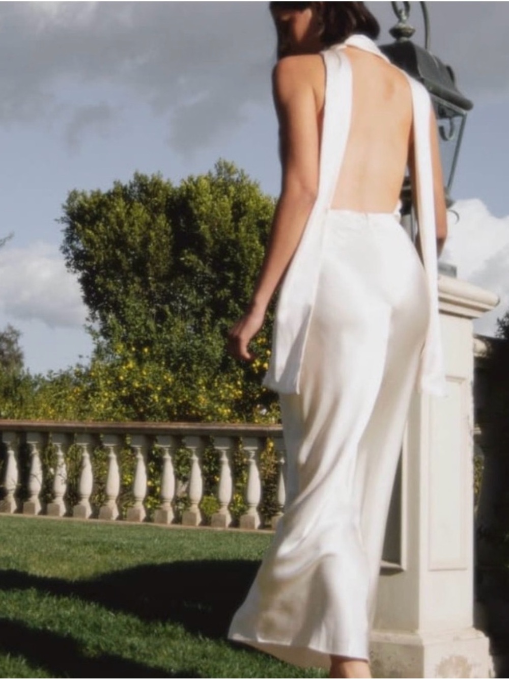 Elegant Cream Backless Satin Maxi Dress with Shoulder Ties - Picture 4 of 6